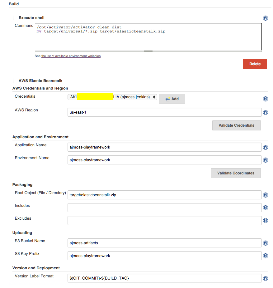 Example of configuring AWS Elastic Beanstalk build step for jenkins
